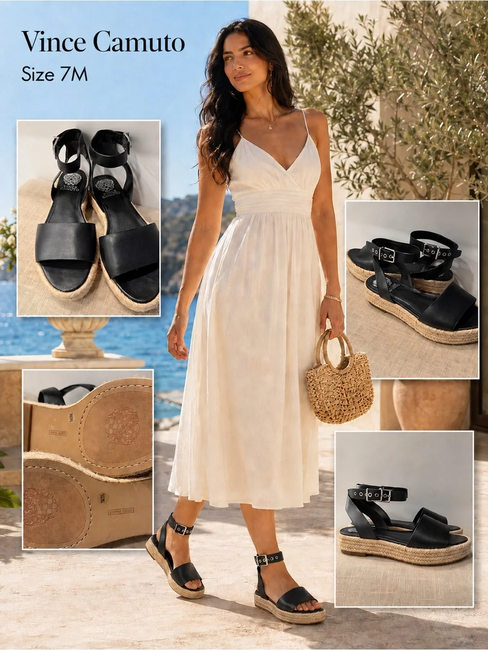 Vince Camuto Black Espadrille Platform Ankle Strap Sandals Size 7M